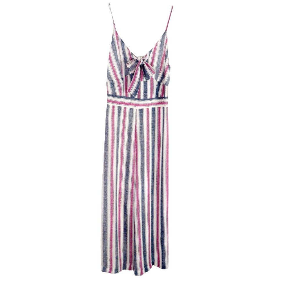 Japna Pink & Blue Striped Knot Front Sleevless Jumpsuit Pinstripe Small Preppy